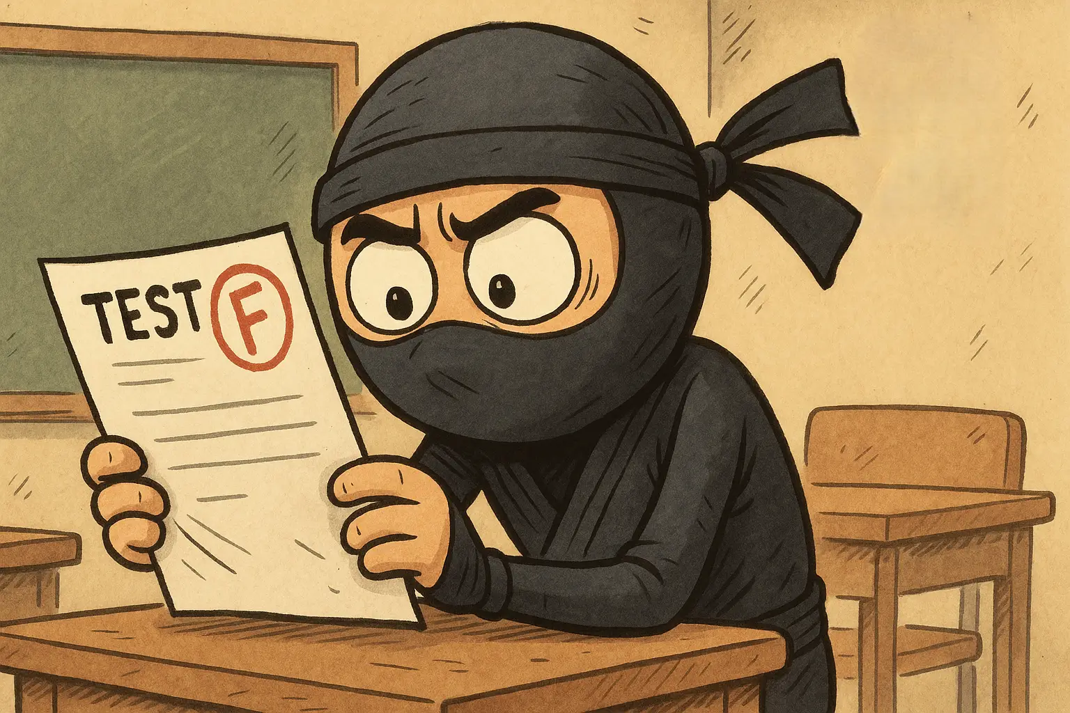 un ninja revisando su nota de examen